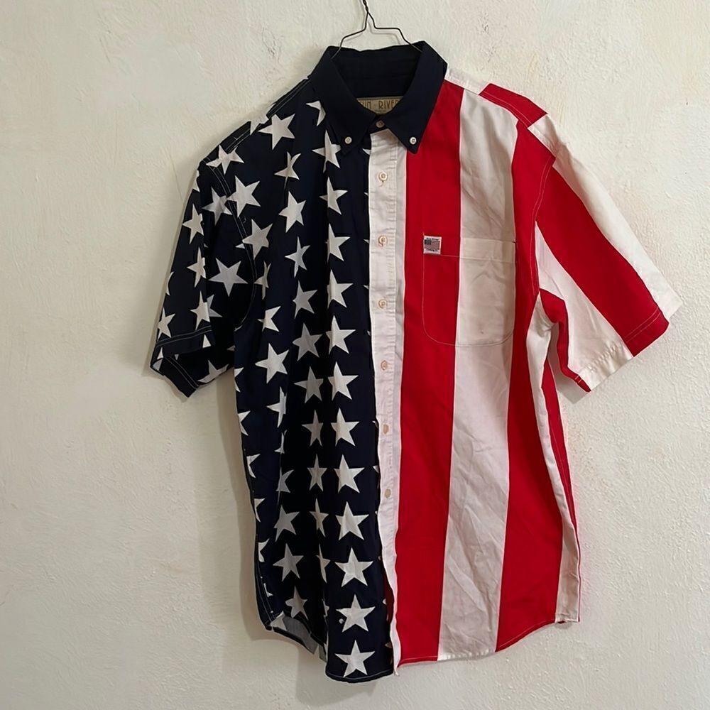 Sun River Red White Blue Stars And Stripes Flag Button Down Cotton Shirt Size M